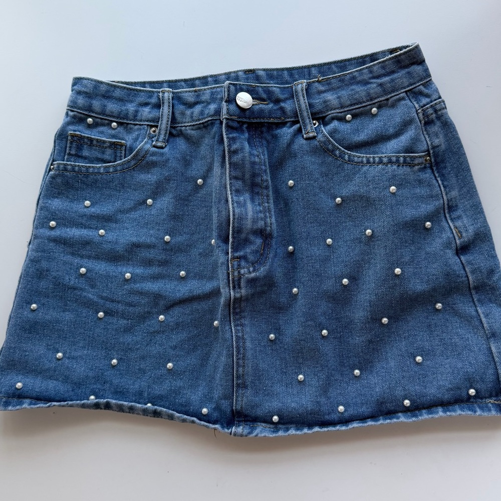 Blue Denim Skirt with Pearl Accents